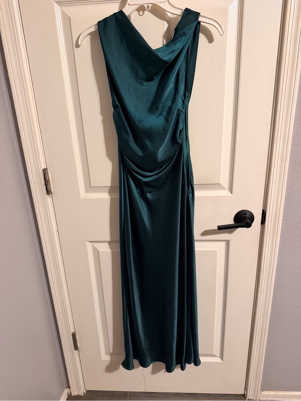Sleeveless Teal Satin Cowl-Back Evening Dress
